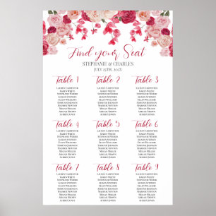 Magenta Rosa Blommigt Bröllop sittdiagram Poster
