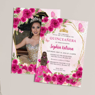 Magenta Rosa Blommigt Princess Quinceañera Photo Inbjudningar