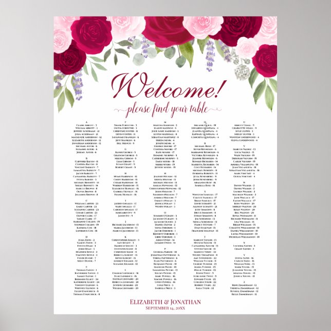 Magenta Rosa Boho Ro Alfabetiskt sittningsschema Poster (Framsidan)