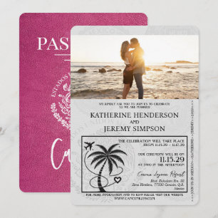 Magenta Rosa Cancun Passport Bröllop Inbjudningar