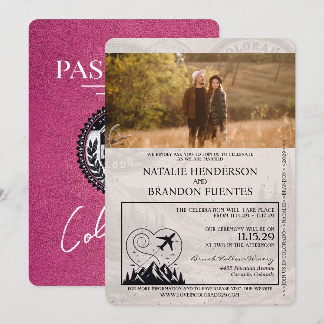 Magenta Rosa Colorado Passport Bröllop Inbjudningar (Fram/baksida)