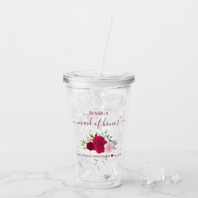 Magenta Rosa Elegant Brudtärna Bröllop Take Away Mugg (Baksida Ice)