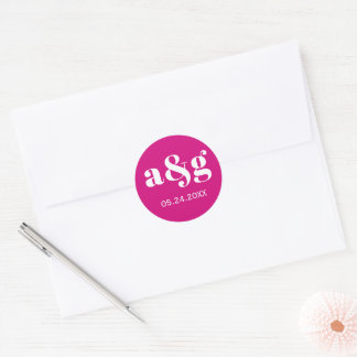 Magenta rosa elegant monogram bröllop runt klistermärke