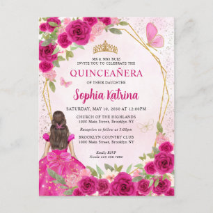 Magenta Rosa Glam Guld Blommigt Princess Quinceañe Inbjudan Vykort