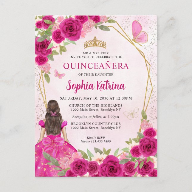 Magenta Rosa Glam Guld Blommigt Princess Quinceañe Inbjudan Vykort (Framsida)