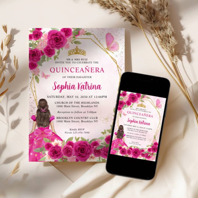 Magenta Rosa Glam Guld Blommigt Princess Quinceañe Inbjudningar (Skapare uppladdad)