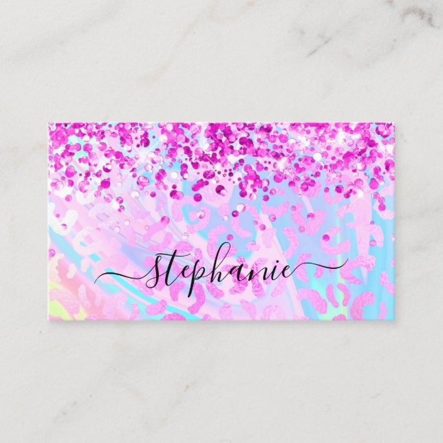 Magenta Rosa Glitter Iridescent Leopard Visitkort (Framsida)