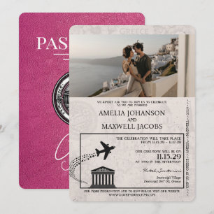 Magenta Rosa Greece Passport bröllop bjudan Inbjudningar