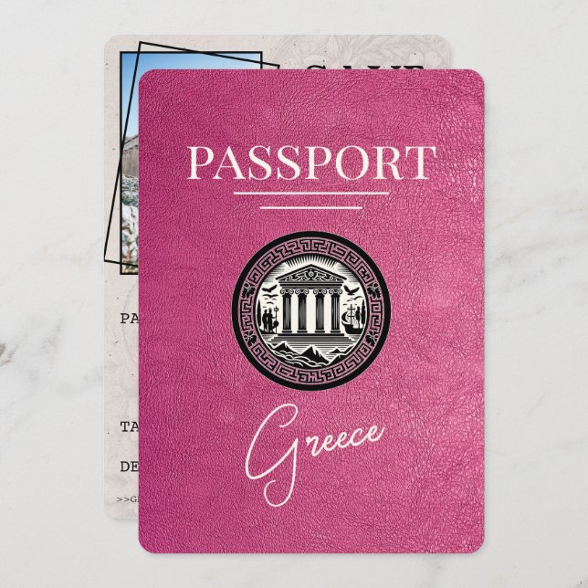 Magenta Rosa Greece Passport Save Date Card Spara Datumet (Fram/baksida)