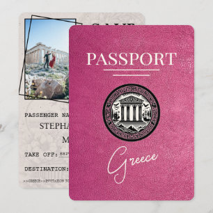 Magenta Rosa Greece Passport Save Date Card Spara Datumet