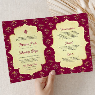 Magenta Rosa Guld Ornamenterad Anand Karaj Sikh Br Inbjudan