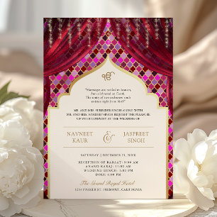 Magenta Rosa Guld Quatrefoil QR-kod Sikhiskt Bröll Inbjudningar