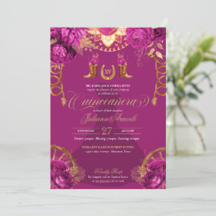 Magenta Rosa Guld Ro Charro Western Quinceanera Inbjudningar