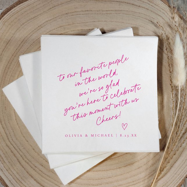 Magenta Rosa Handskriven Kärleksnotis Stil Bröllop Pappersservett (Magenta hot pink love note wedding napkin with handwritten note, heart, and modern script design.)
