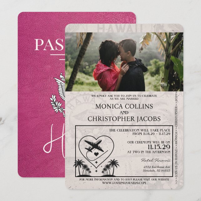 Magenta Rosa Hawaii Passport Wedding bjudande Inbjudningar (Fram/baksida)