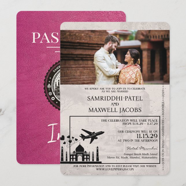 Magenta Rosa India Passport Wedding bjudande Inbjudningar (Fram/baksida)