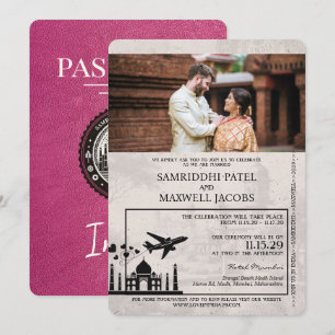 Magenta Rosa India Passport Wedding bjudande Inbjudningar