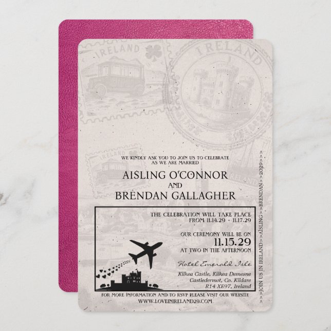 Magenta Rosa Ireland Passport Bröllop Inbjudningar (Fram/baksida)