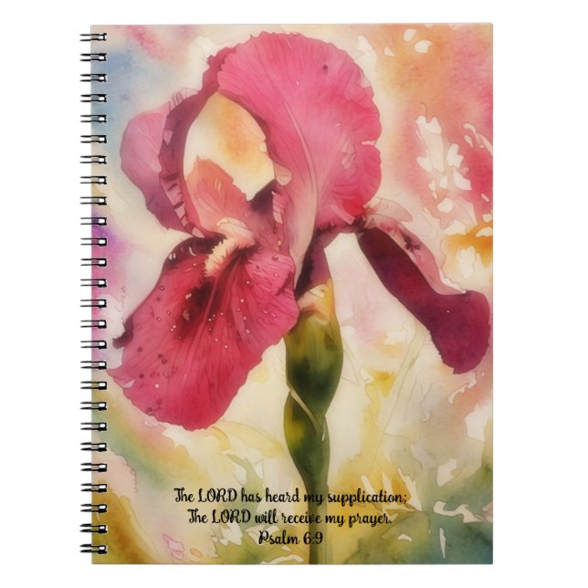 Magenta Rosa Iris Blomma Konst Bibelvers Bön Anteckningsbok (Framsidan)