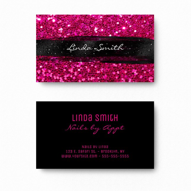 Magenta Rosa Konfetti Glitter Svarta Penseldrag Visitkort (Magenta Pink Confetti Glitter Black Brush Strokes Business Card)