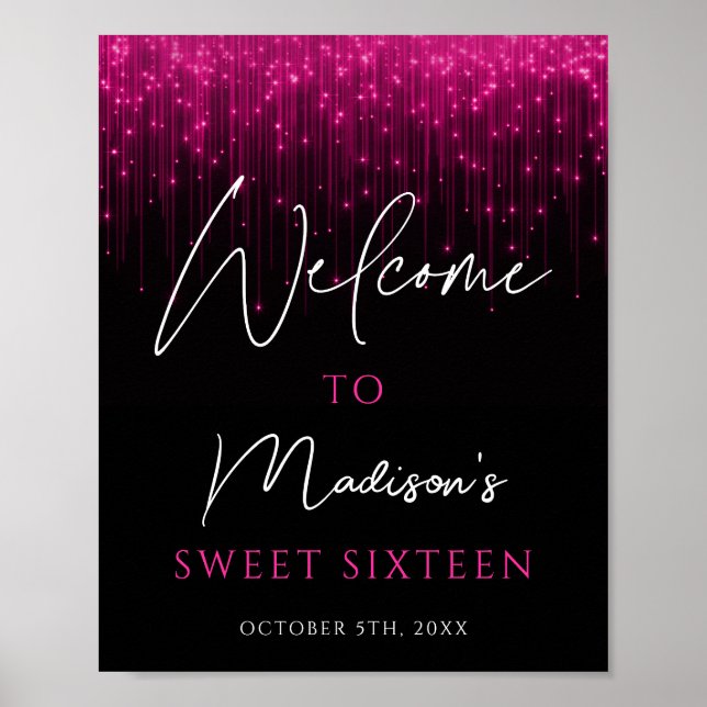 Magenta Rosa Ljus Black Sweet 16 Välkommen Poster (Framsidan)