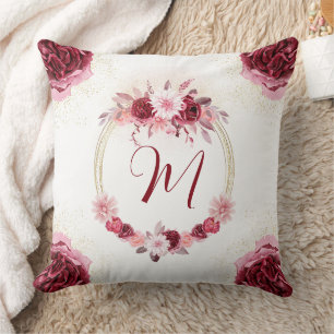 Magenta Rosa Monogram Blommigt med vattenfärg Utan Kudde