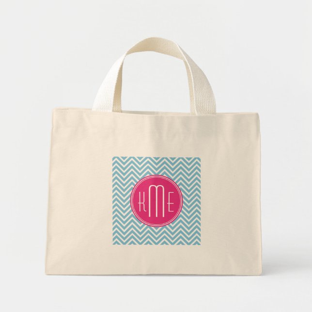 Magenta Rosa Monogram med Light Blue Chevron Mini Tygkasse (Framsidan)