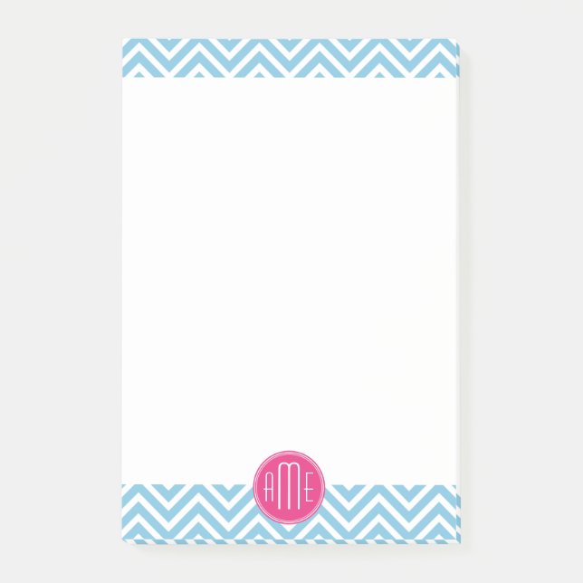 Magenta Rosa Monogram med Light Blue Chevron Post-it Block (Framsida)
