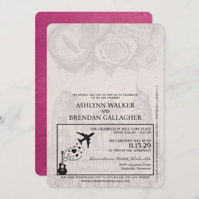 Magenta Rosa Nashville Passport Bröllop Inbjudningar (Fram/baksida)
