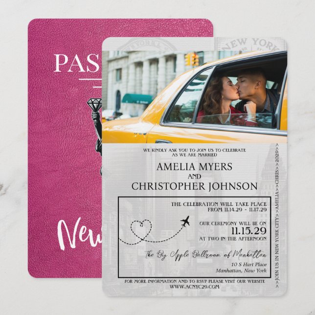 Magenta Rosa New York City Passport Bröllop Inbjudningar (Fram/baksida)