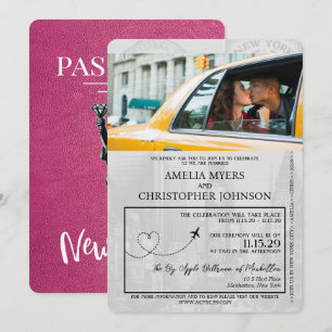 Magenta Rosa New York City Passport Bröllop Inbjudningar