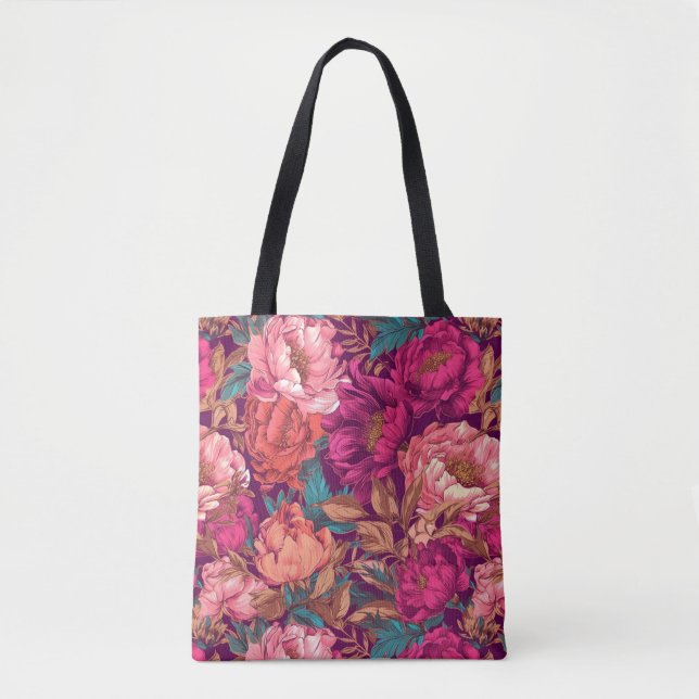Magenta Rosa och Teal Maximalistiskt Blommigt Tygkasse (Framsida)
