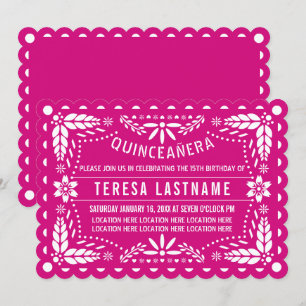Magenta rosa och vit papel picado Quinceañera Inbjudningar