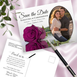 Magenta Rosa Ovalt Foto Bröllop Save The Date Meddelande Vykort