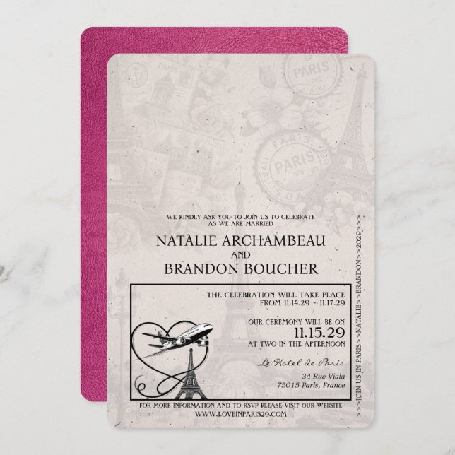 Magenta Rosa Paris Passport Bröllop Inbjudningar (Fram/baksida)