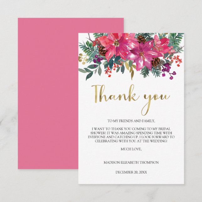 Magenta Rosa Poinsettia Jul Bröllopsdusch Tack Kort (Fram/baksida)