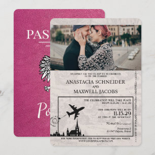 Magenta Rosa Polen, inbjudan till pass bröllop