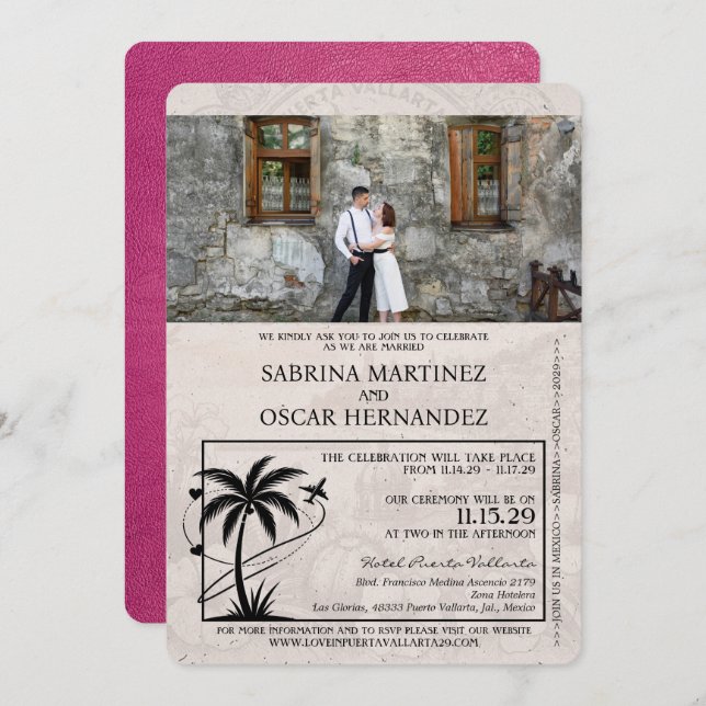 Magenta Rosa Puerta Vallarta Passport Bröllop Inbjudningar (Fram/baksida)