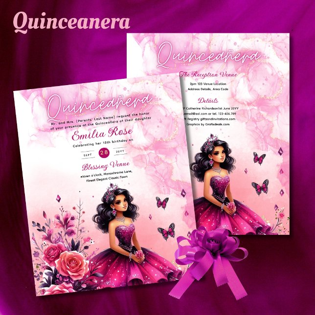 Magenta Rosa Quinceanera Dress Blommigt Butterflie (Skapare uppladdad)