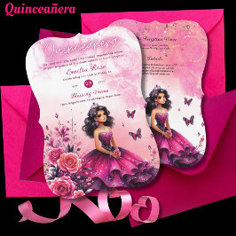 Magenta Rosa Quinceanera Dress Blommigt Butterflie Inbjudningar