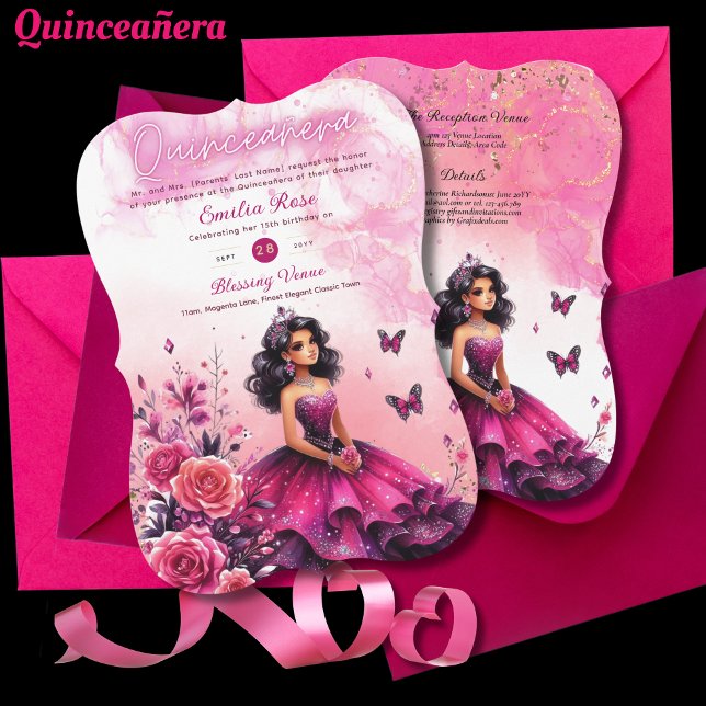 Magenta Rosa Quinceanera Dress Blommigt Butterflie Inbjudningar (Skapare uppladdad)