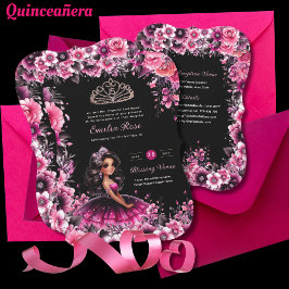Magenta Rosa Quinceanera Dress Blommigt Inbjudningar