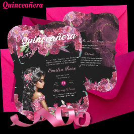 Magenta Rosa Quinceanera Dress Blommigt Inbjudningar