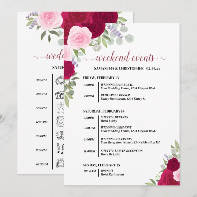 Magenta & Rosa Rosor Bröllopshändelser & Tidslinje Program (Fram/baksida)