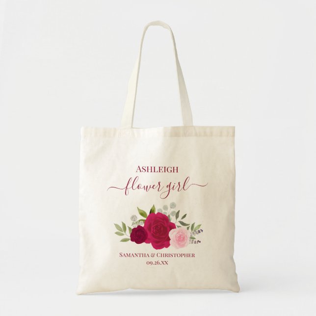Magenta Rosa Rosor Elegant Blomsterflicka Bröllop Tygkasse (Framsidan)