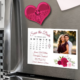 Magenta & Rosa Rosor Kalender Foto Spara Datum Magnetisk Inbjudningskort