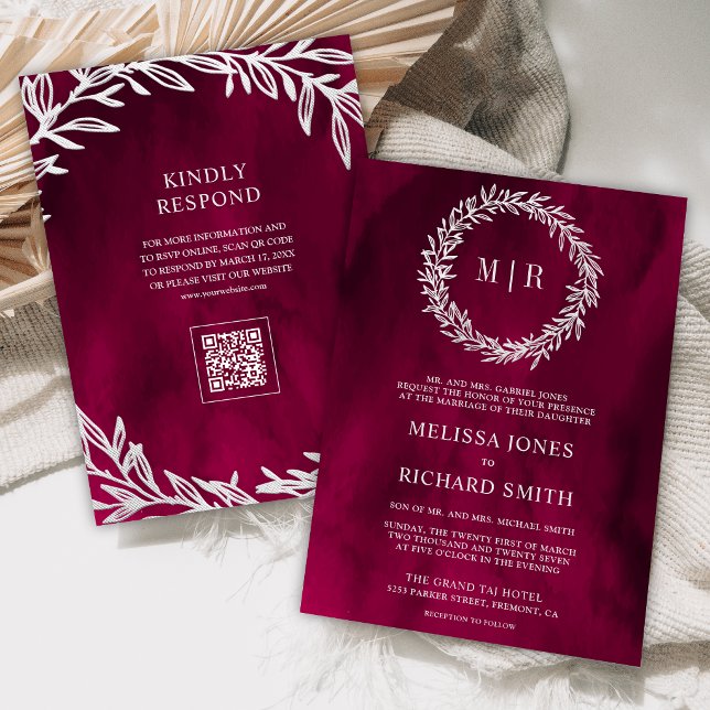 Magenta Rosa Silverbladig QR-kod Bröllop Inbjudningar (Skapare uppladdad)
