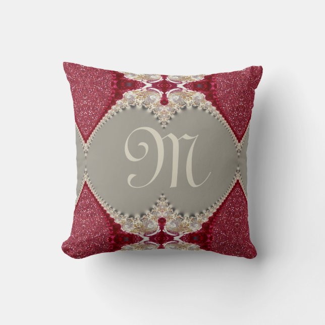 Magenta Rosa Spetsig FX Monogram Röd Vit Kuddé Kudde (Framsida)