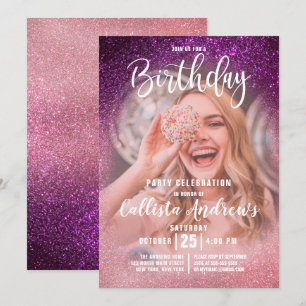 Magenta Rosa Triple Glitter Ombre Fotofödelsedag Inbjudningar