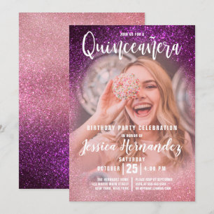 Magenta Rosa Triple Glitter Photo Quinceañera Inbjudningar